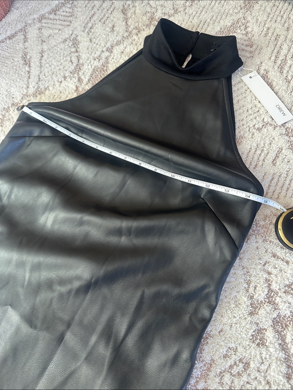 Faux Leather High Neck Shift Dress Minimal Chic Black Sleeveless - Picture 8 of 10